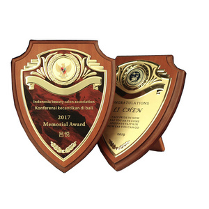 Custom high quality blank wooden shield plaque metal plate  Military Shield Wooden Stand Award Trophy Plaque