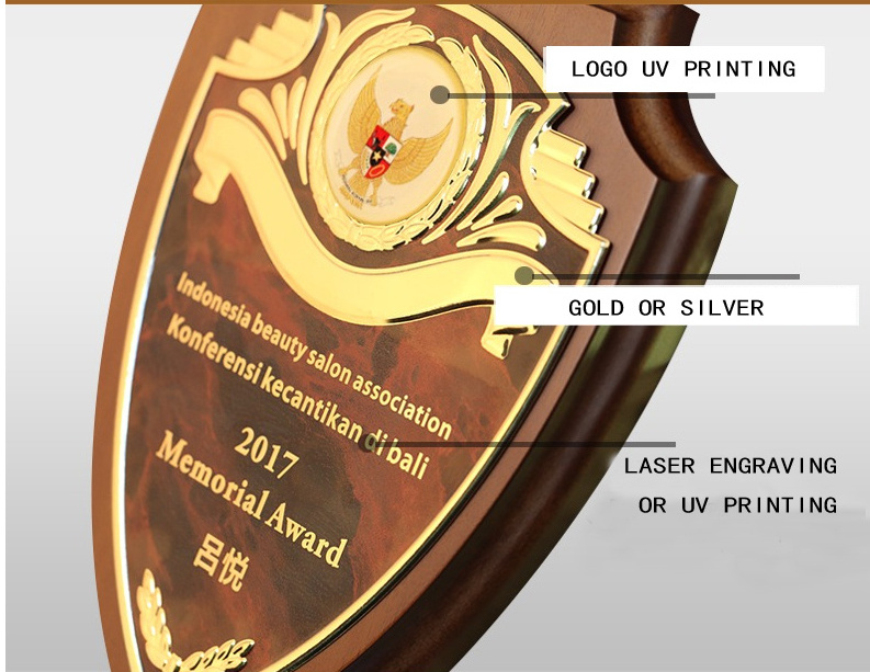 Custom high quality blank wooden shield plaque metal plate  Military Shield Wooden Stand Award Trophy Plaque