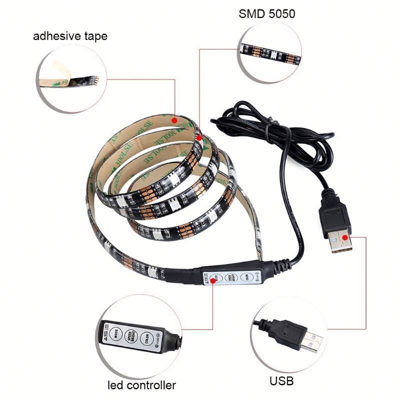 Addressable LED Strip Battery Operated Dimmable RGB 5V SMD 5050 RF Remote Control TV LED Tape Stripe Ribbon Light for Computer