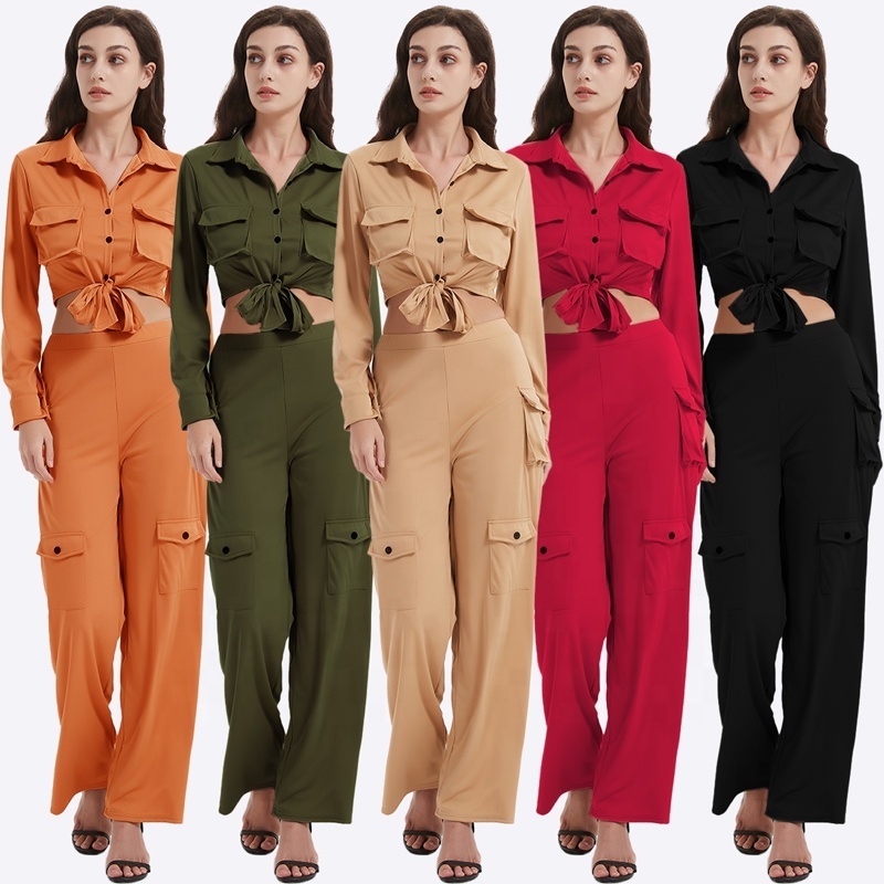 Factory Direct Fall Women's Sets Sweatsuit Sets Women Short-sleeved Shirt Cargo Wide Legs Pants 2 Piece Sets