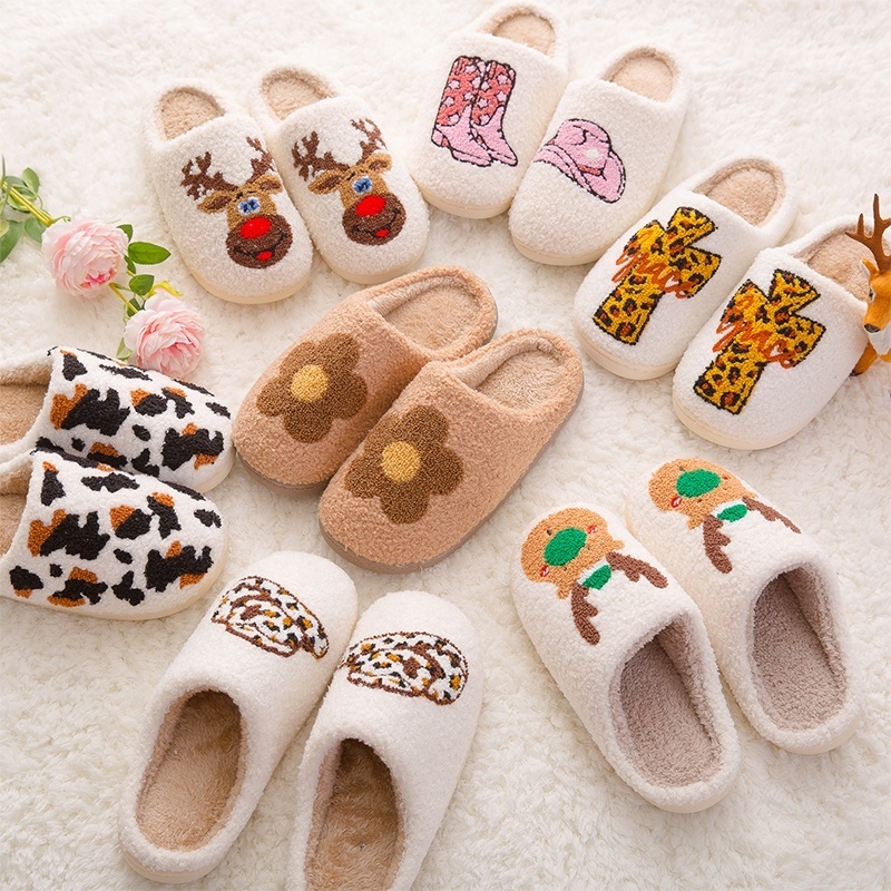 Slippers woman ladies wholesalers custom home slippers smiley face plush winter fuzzy house furry slippers for women