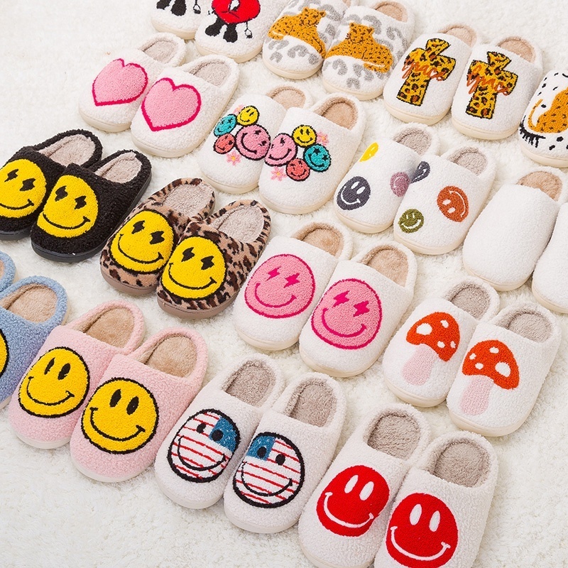 Slippers woman ladies wholesalers custom home slippers smiley face plush winter fuzzy house furry slippers for women