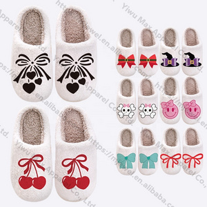 Slippers woman ladies wholesalers custom home slippers smiley face Bow design plush winter fuzzy house furry slippers for women