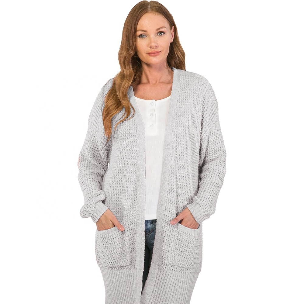 Women's Cozy-Knit Long Sleeves Cardigan - Comfortable Grey Open Front Cardigan Sweater For Women