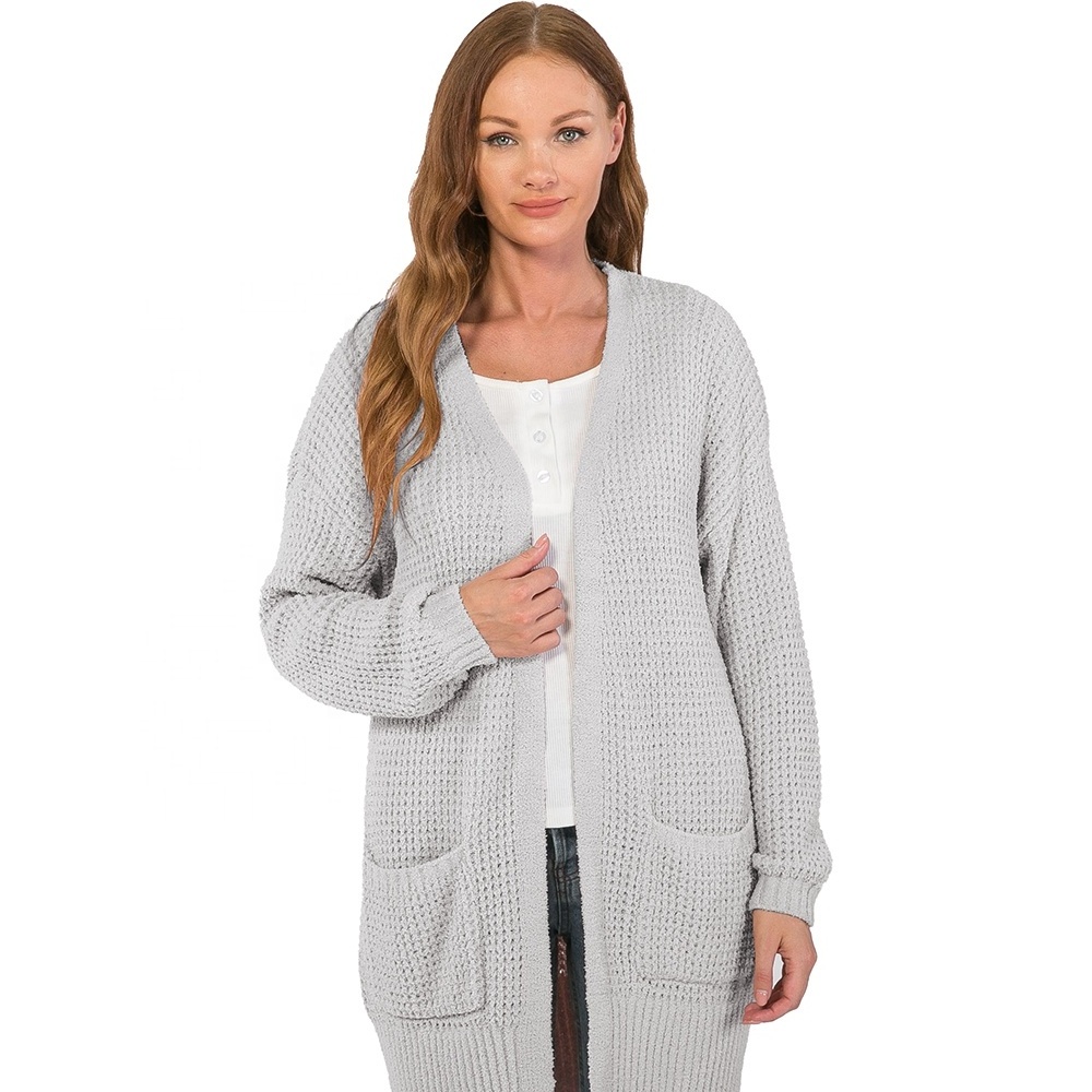 Women's Cozy-Knit Long Sleeves Cardigan - Comfortable Grey Open Front Cardigan Sweater For Women