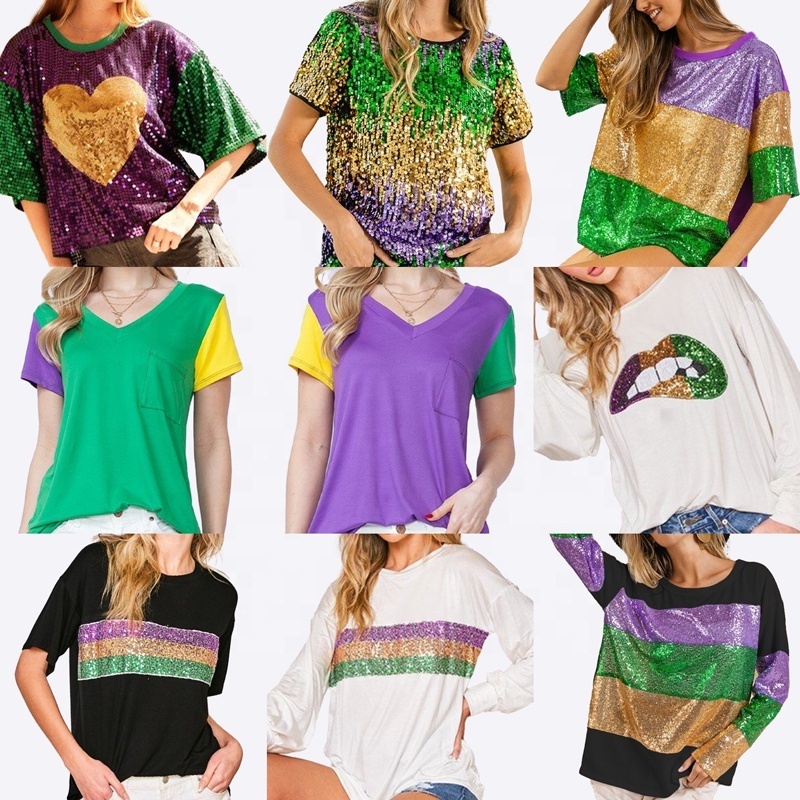 Wholesale mardi gras shirts women plus size clothing women pullover sequin Tops mardi gras apparel for women