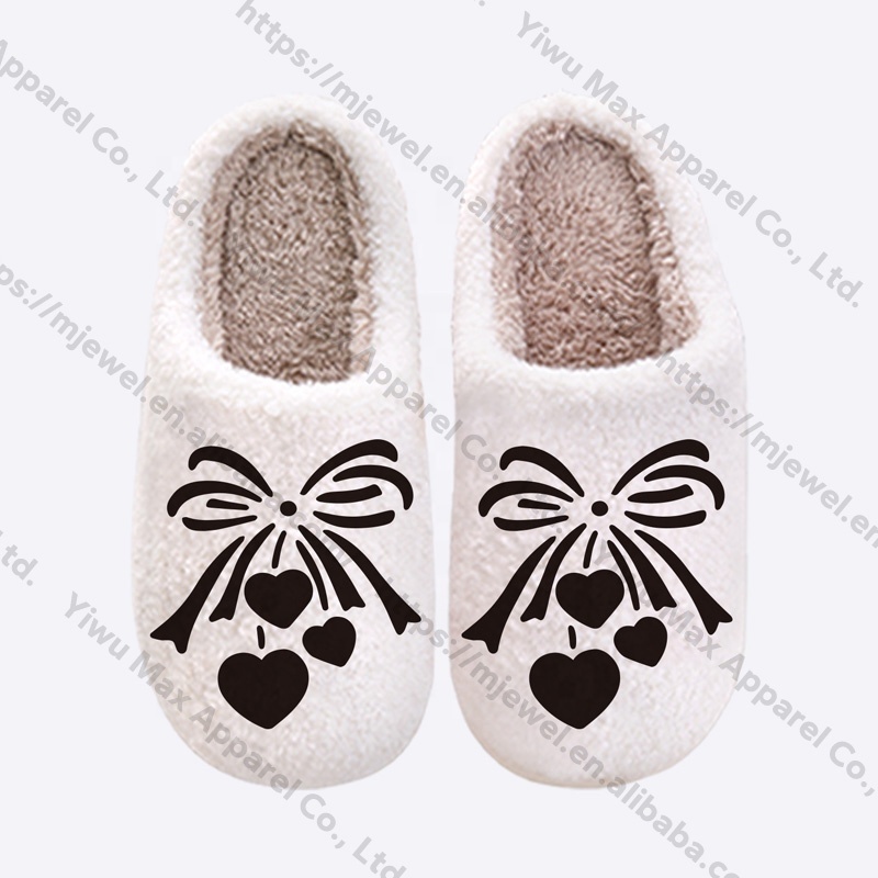 Slippers woman ladies wholesalers custom home slippers smiley face Bow design plush winter fuzzy house furry slippers for women