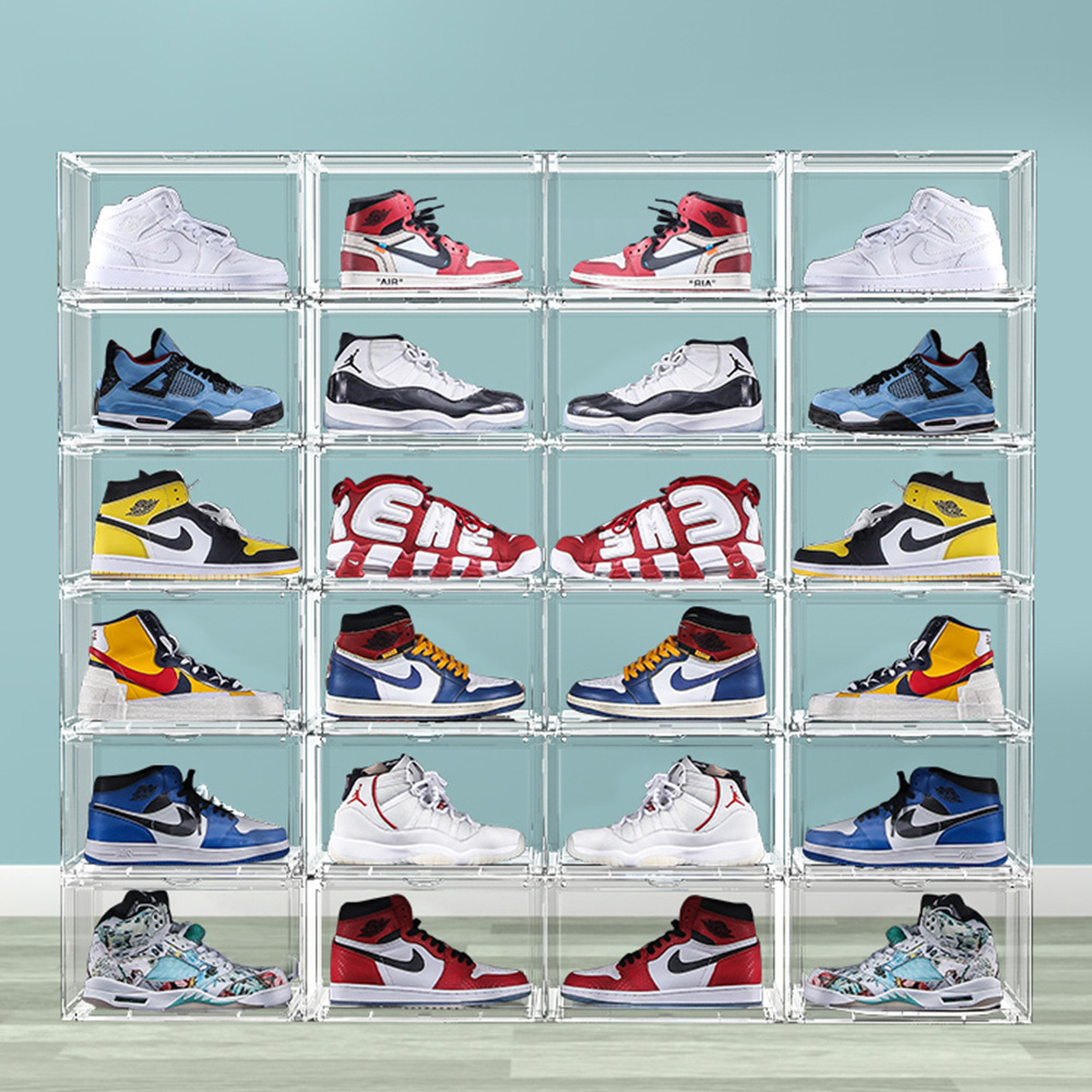 Transparent Plastic Stackable Shoe Storage Bins For Closet Space Saving Shoe Holder Sneaker Display Case