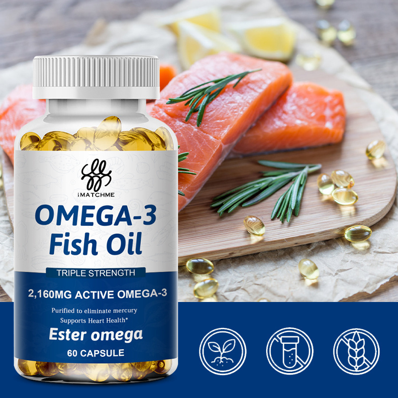 Private Label 100% Natural Omega 3 Fish Oil 2160MG Softgels Capsules 60 pcs Reduce Joint Pain Improve Heart health Supplement