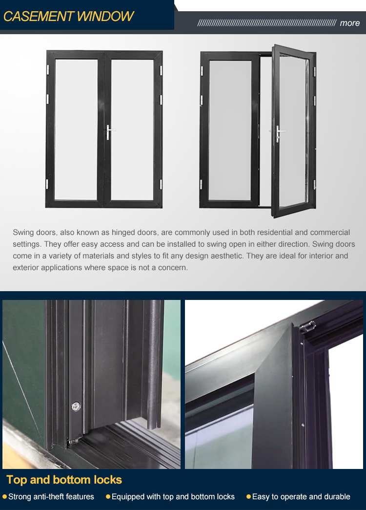 Luxury modern french doors exterior soundproof swing room door double glass casement system