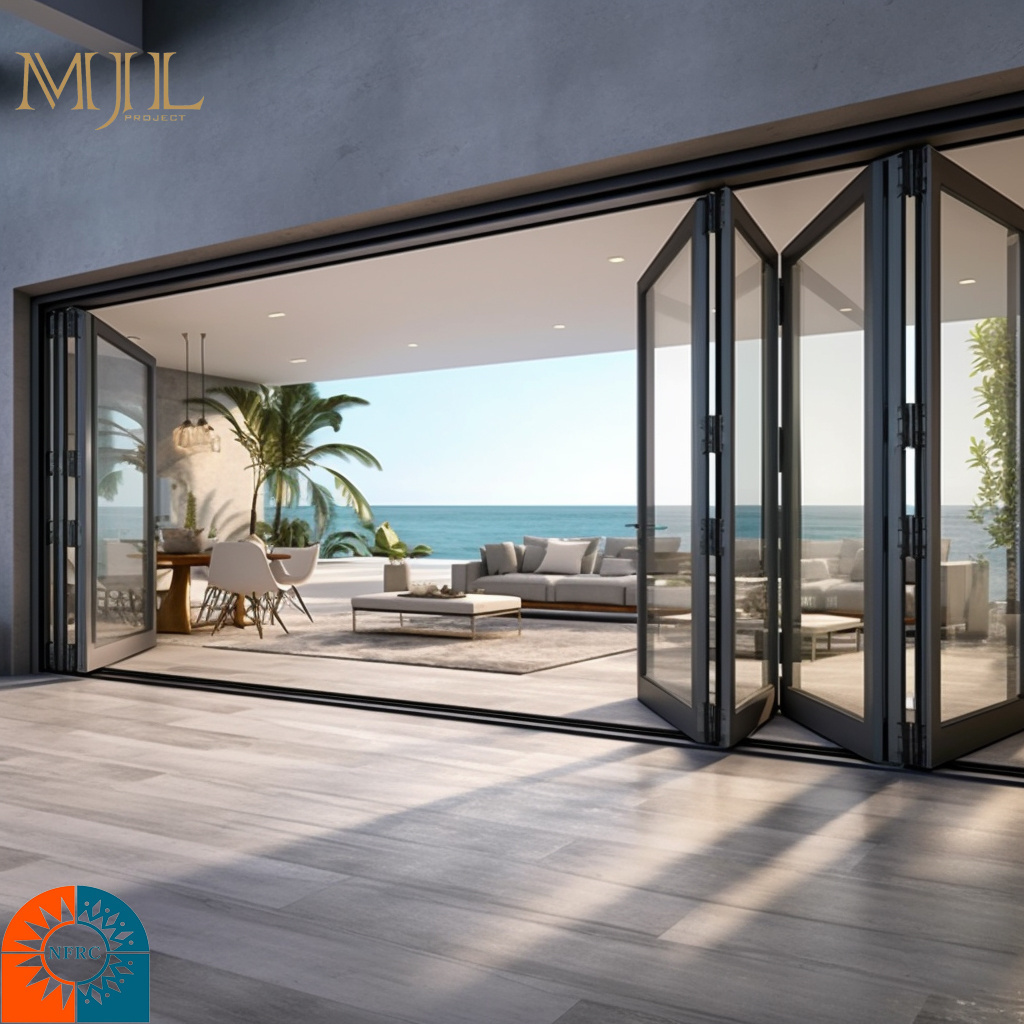 MJL folding frameless glass door tempered glass lowe glazed sliding folding door