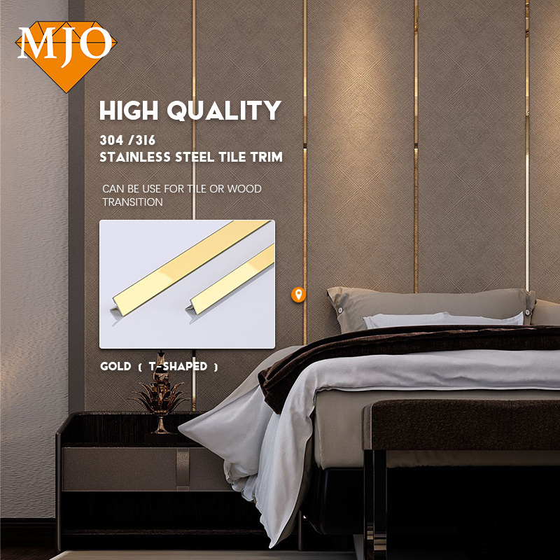 Foshan MJO Factory Directly T Shape Decorative Profiles For Wall Floor Furniture Decoration 304 Stainless Steel Tile Trims