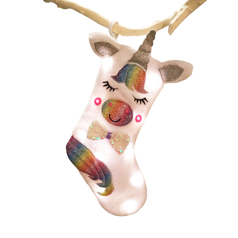 New Animal Unicorn White Christmas Stockings With LED Light Gift Socks Cartoon Christmas Stockings