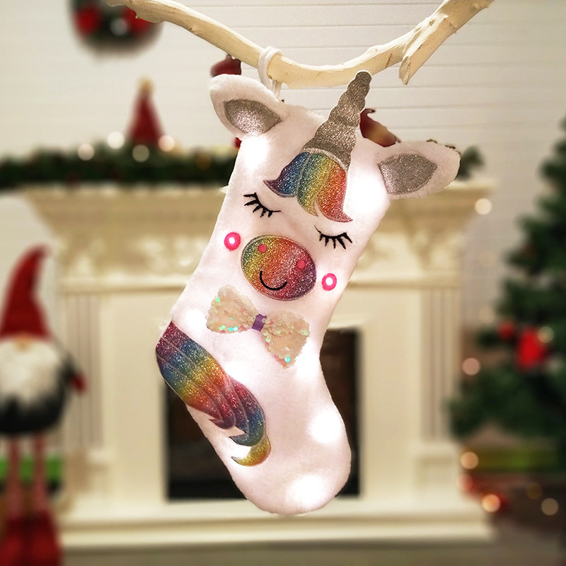 New Animal Unicorn White Christmas Stockings With LED Light Gift Socks Cartoon Christmas Stockings