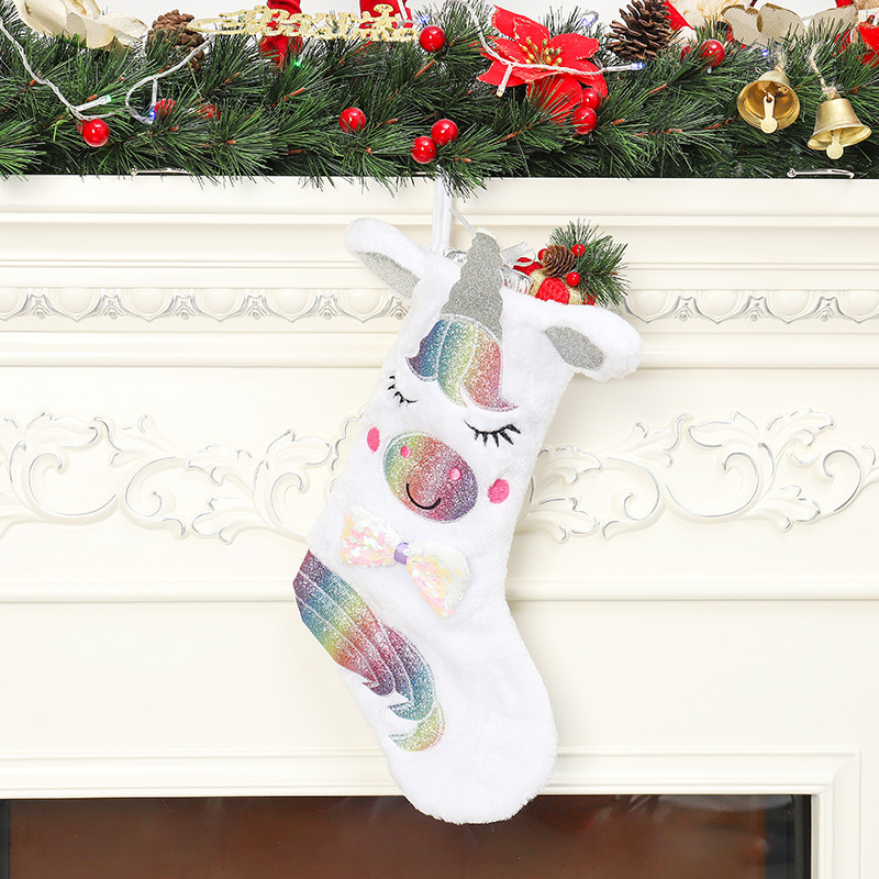 New Animal Unicorn White Christmas Stockings With LED Light Gift Socks Cartoon Christmas Stockings