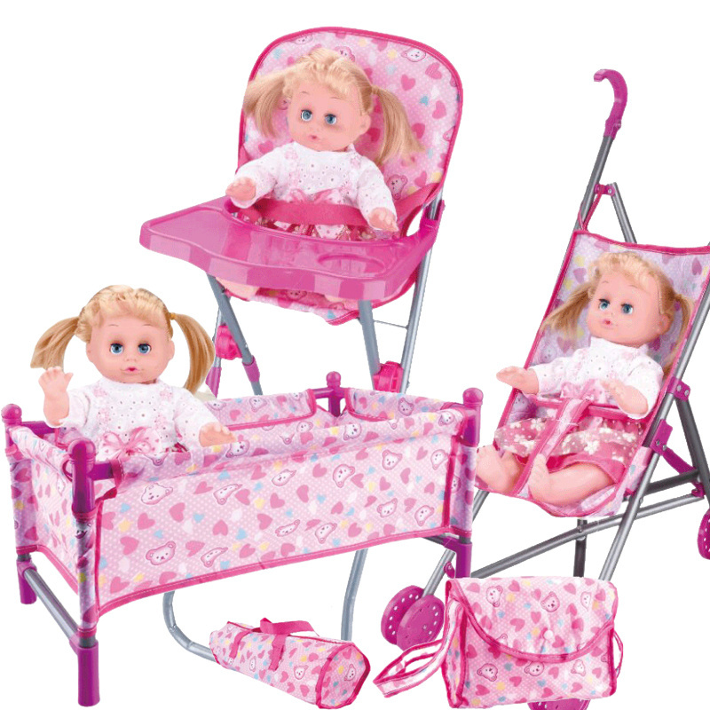 Kids 14 inch Baby doll 5-in-1 combination suit with baby stroller playpen swing doll bed dining chair Backpack handbag