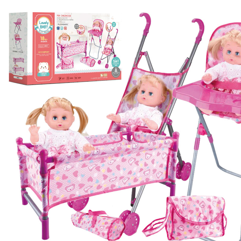 Kids 14 inch Baby doll 5-in-1 combination suit with baby stroller playpen swing doll bed dining chair Backpack handbag