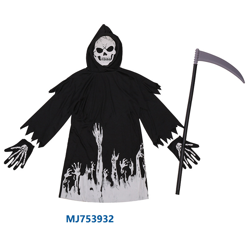 Kids Halloween Dress Up Luminous Costume Skeleton Death Glow Robe in the Dark Face Horror Black Cosplay Scythe Party