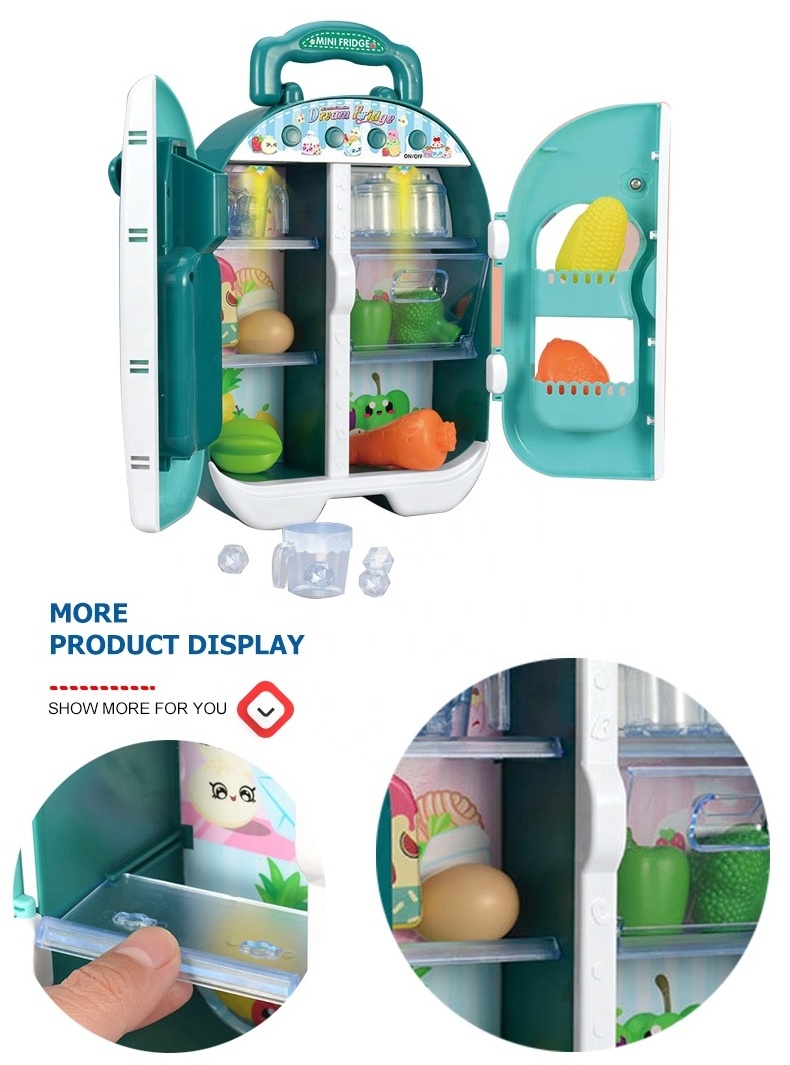 New arrival kids baby plastic mini magic happy kitchen refrigerator toy for girls pretend play fridge with lights music