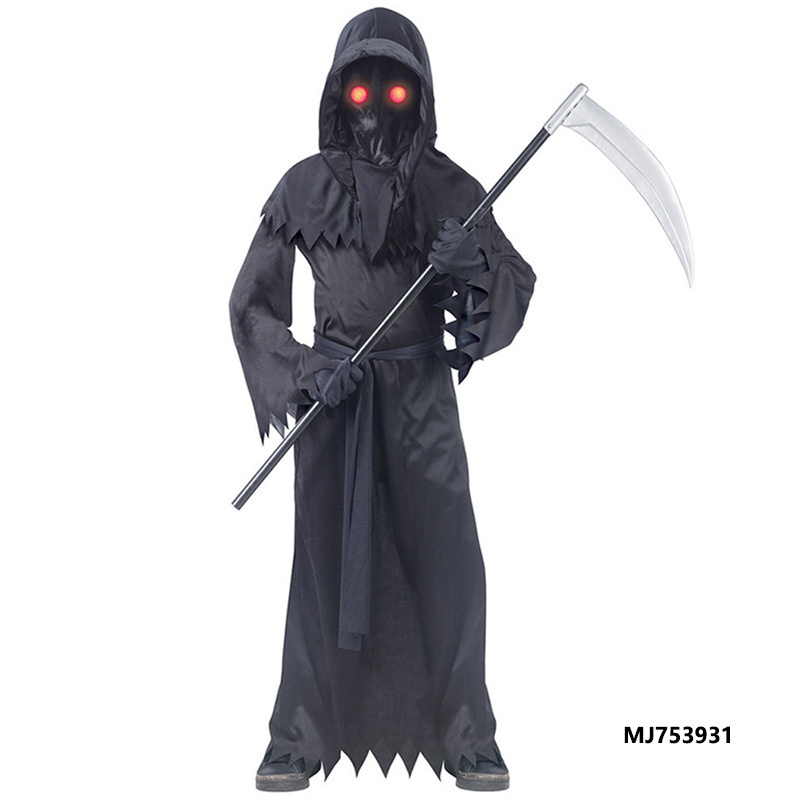 Kids Halloween Dress Up Luminous Costume Skeleton Death Glow Robe in the Dark Face Horror Black Cosplay Scythe Party