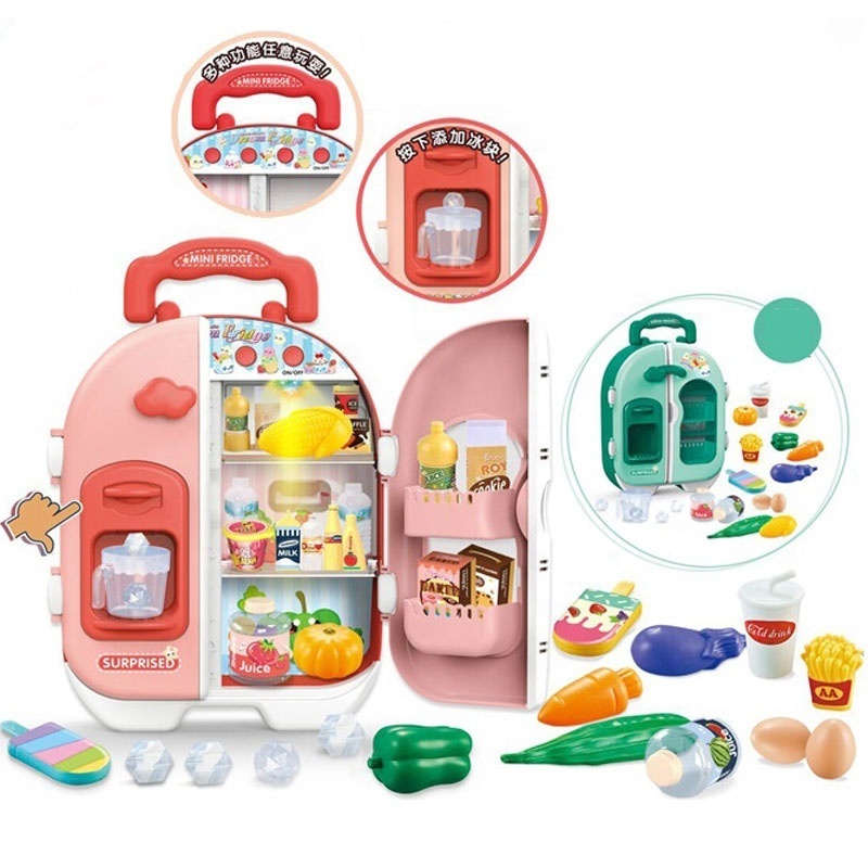 New arrival kids baby plastic mini magic happy kitchen refrigerator toy for girls pretend play fridge with lights music