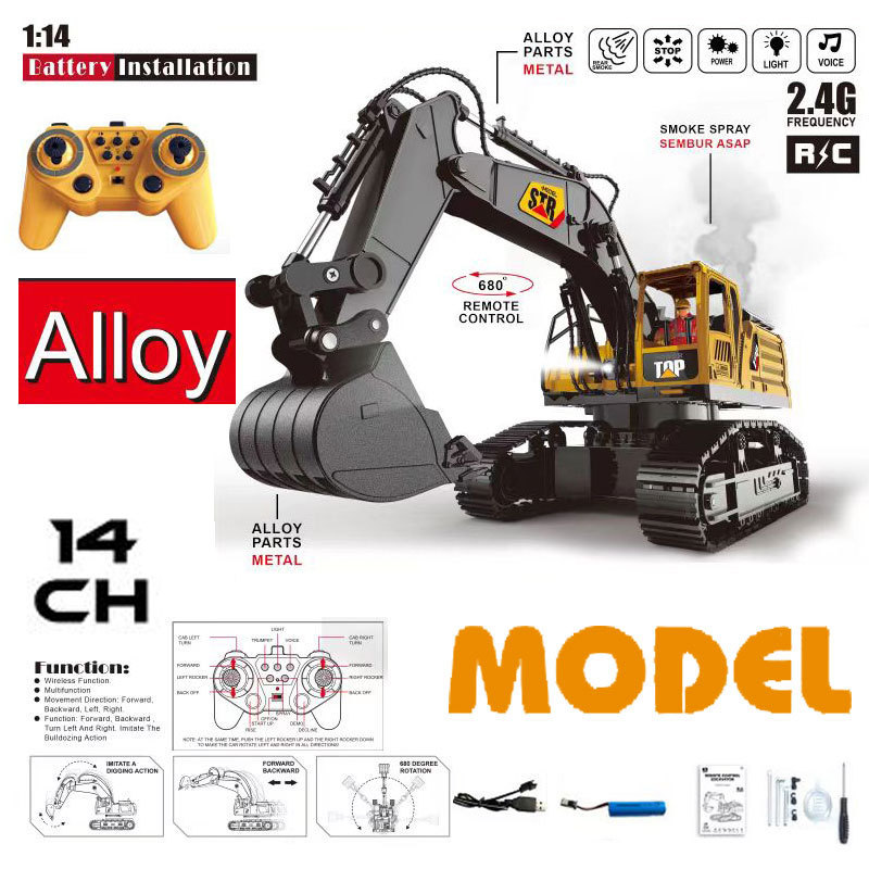 2.4Ghz 1/14 14CH 680 Degree Rotation Remote Control Toy Alloy Water Spray Construction RC Car Toys Metal RC Excavator Truck