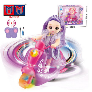 Small Cartoon Baby 360 Degree 4Ch Electric Life Rc Flashing Light Stunt Race Car Remote Control Motorcycle Motor Toy With Doll