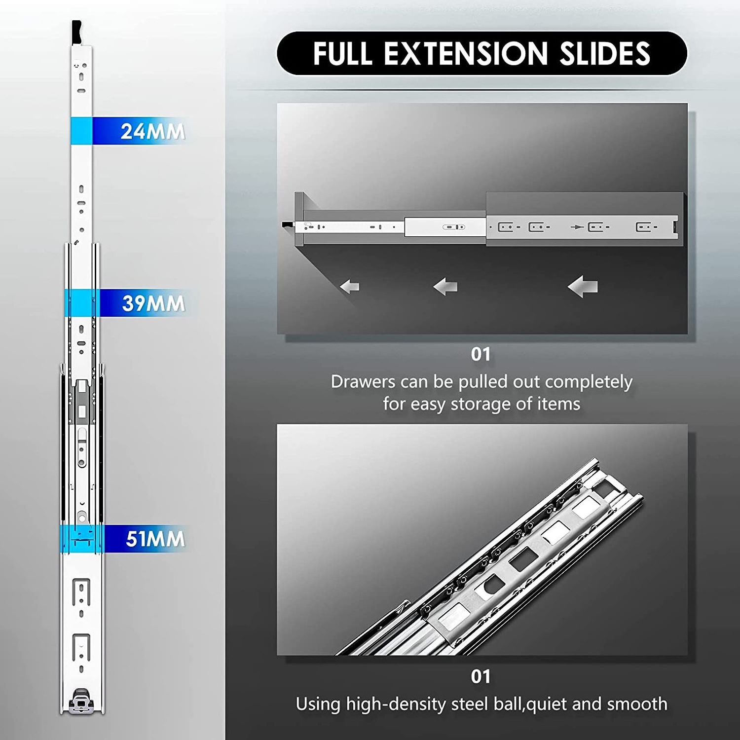 Heavy Duty Drawer Slides 40 Inch 170 lb Load Capacity Full Extension Ball Bearing Drawer Runners 3 Section Industrial Drawer Sli