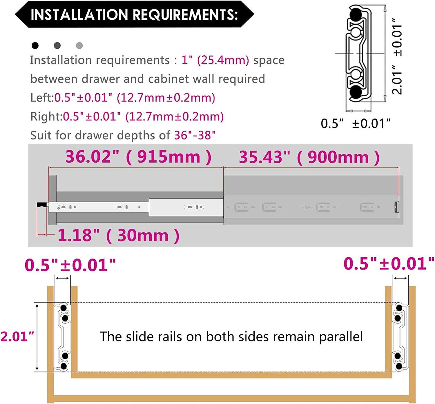 Heavy Duty Drawer Slides 40 Inch 170 lb Load Capacity Full Extension Ball Bearing Drawer Runners 3 Section Industrial Drawer Sli