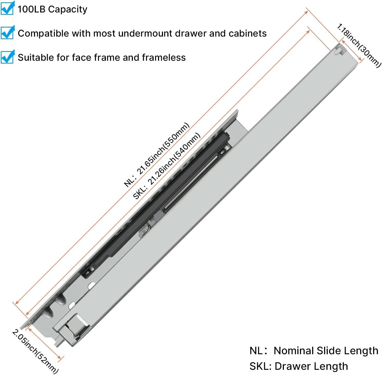 3 Fold Damper Drawers Channel Hidden Telescopic Rails Soft Close Concealed Drawer Slide