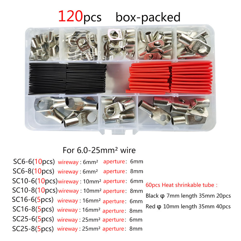 120PCS Heavy Duty Wire Lug Battery Round Cable Ends Crimp Assorted Kit Bare Tinned Copper Ring Terminal with heat shrink tubing