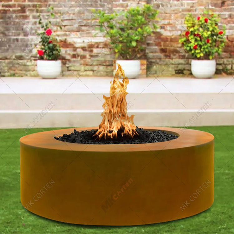 30 round cor-ten steel glass media/lava rock firepit with propane gas fire ring