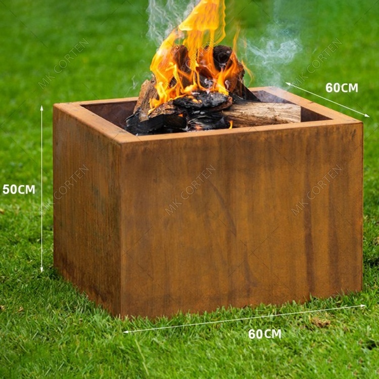 Classic Design Square Fire Pit Wood Burning Outdoor Corten Firepit for Garden Backyard