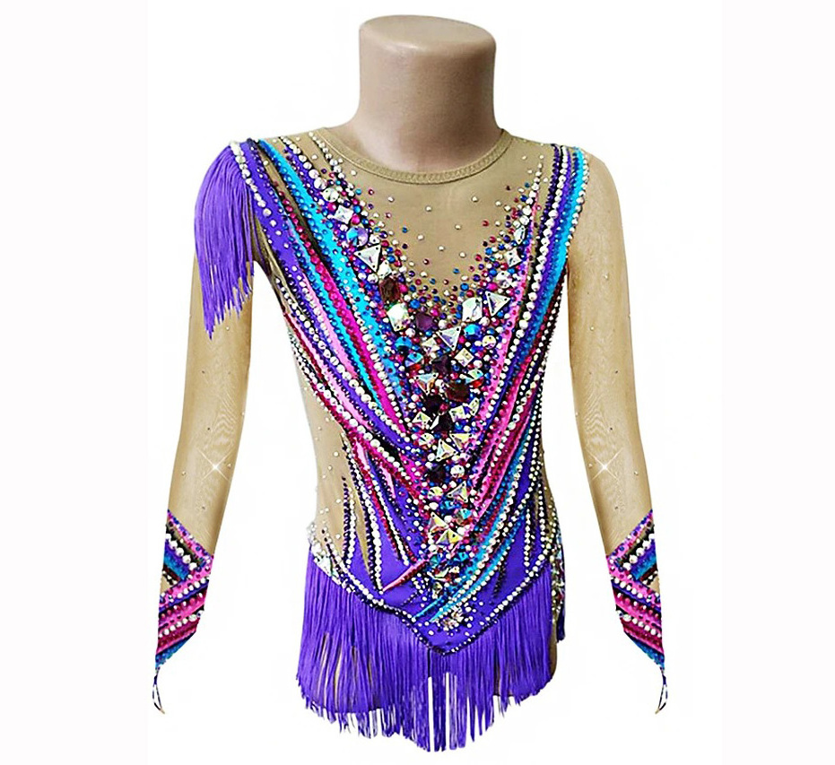 Custom Design Girls Rhythmic Gymnastic Leotards Diamonds Printing Tank Leotards