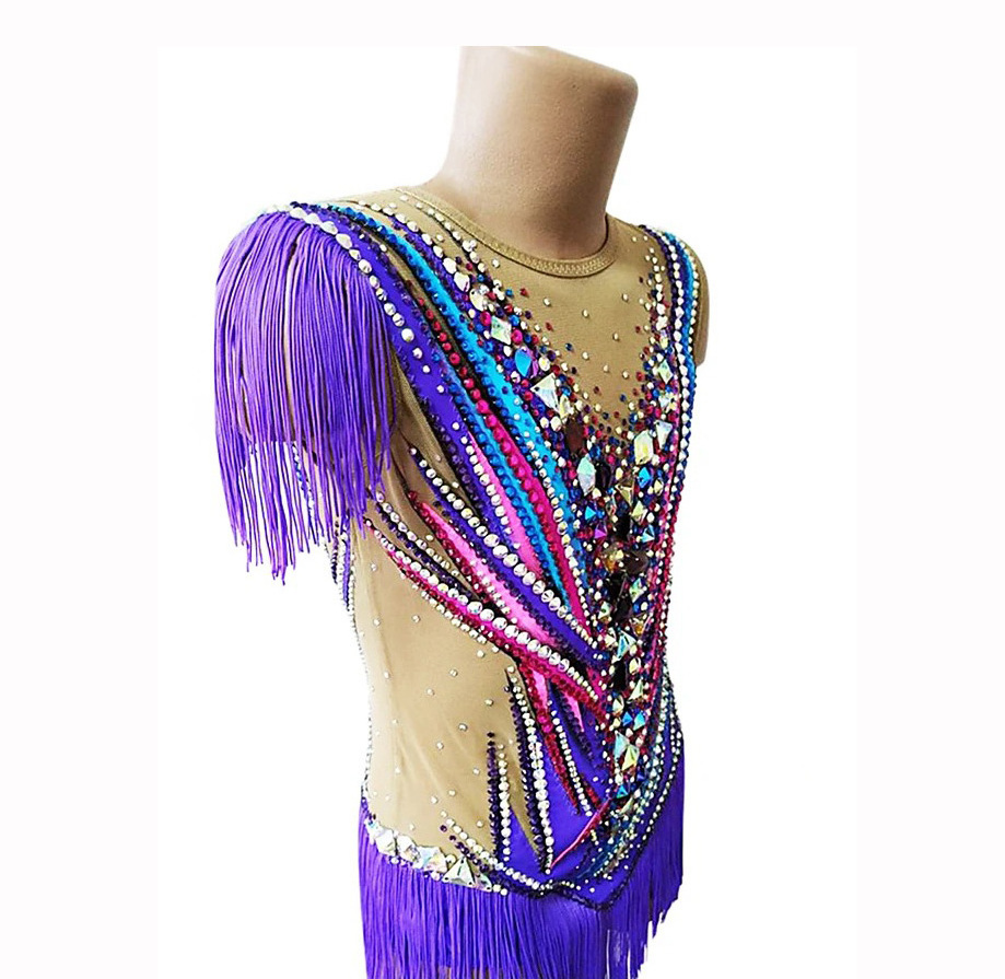 Custom Design Girls Rhythmic Gymnastic Leotards Diamonds Printing Tank Leotards