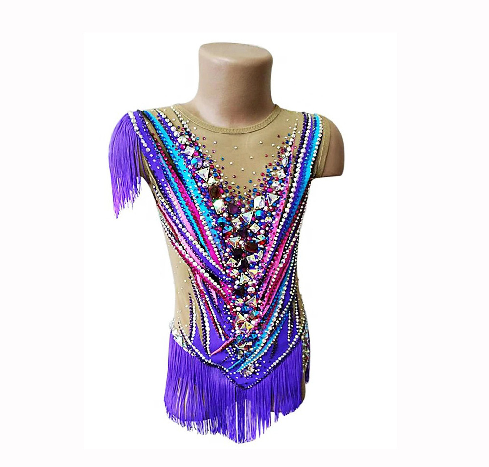 Custom Design Girls Rhythmic Gymnastic Leotards Diamonds Printing Tank Leotards