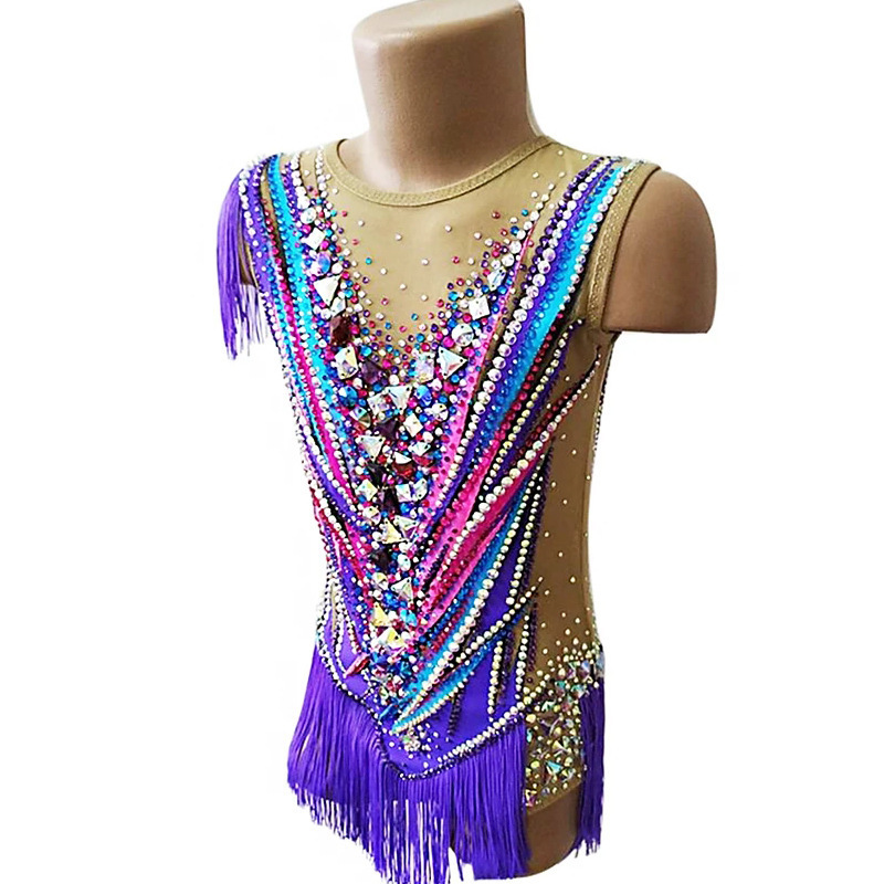 Custom Design Girls Rhythmic Gymnastic Leotards Diamonds Printing Tank Leotards