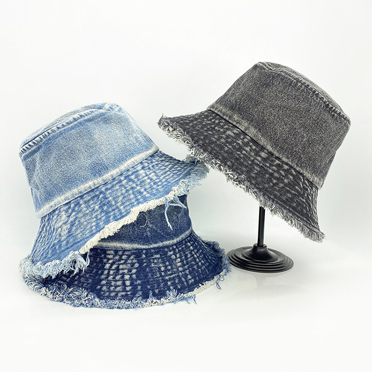 Custom Vintage Denim Bucket Hat Washed Jeans Distressed Bucket Hats