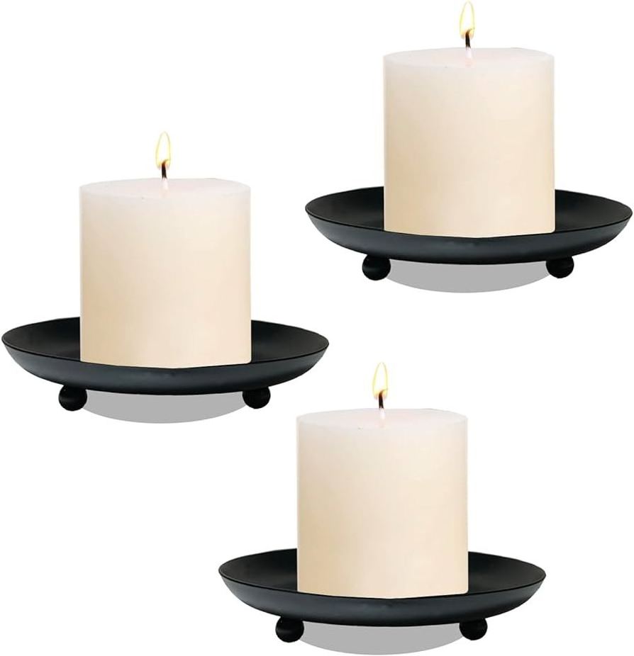 Candle Holders for Pillar Candles Small Round Black Metal Candle Plates and Trays for Christmas Halloween Table Centerpieces