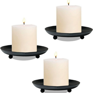 Candle Holders for Pillar Candles Small Round Black Metal Candle Plates and Trays for Christmas Halloween Table Centerpieces