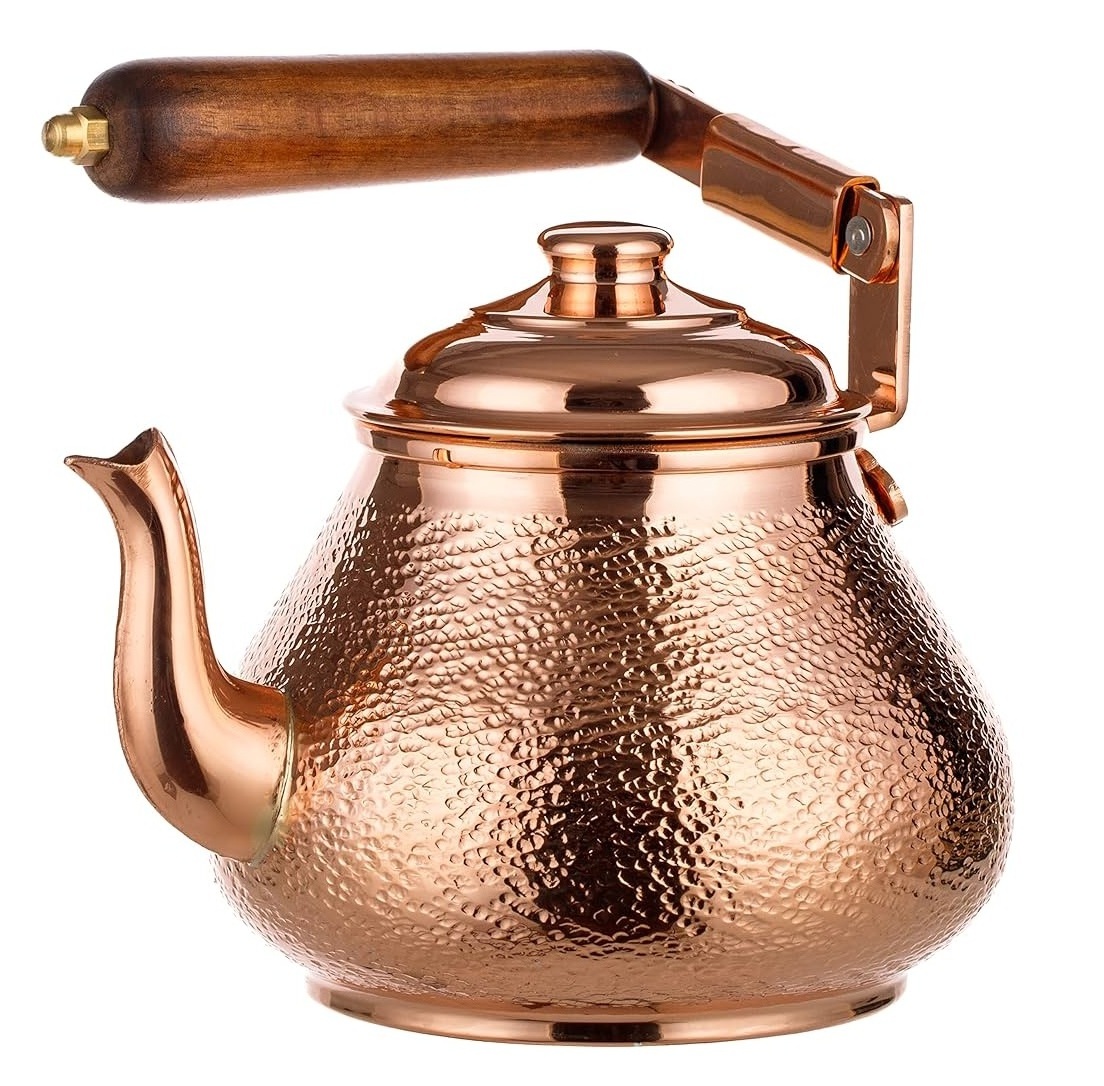 Stylish and Modern Pure Copper Tea Kettle Pot With Lid And Wooden Handle Hammered Serving Tea Coffee At Discounted Price