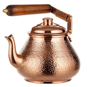 Stylish and Modern Pure Copper Tea Kettle Pot With Lid And Wooden Handle Hammered Serving Tea Coffee At Discounted Price