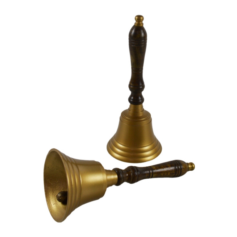 Premium Quality Brass Gold Color Large Size Bell With Brown Wood Handle Prime Quality Round Shape Brass Hand Bell For Sale