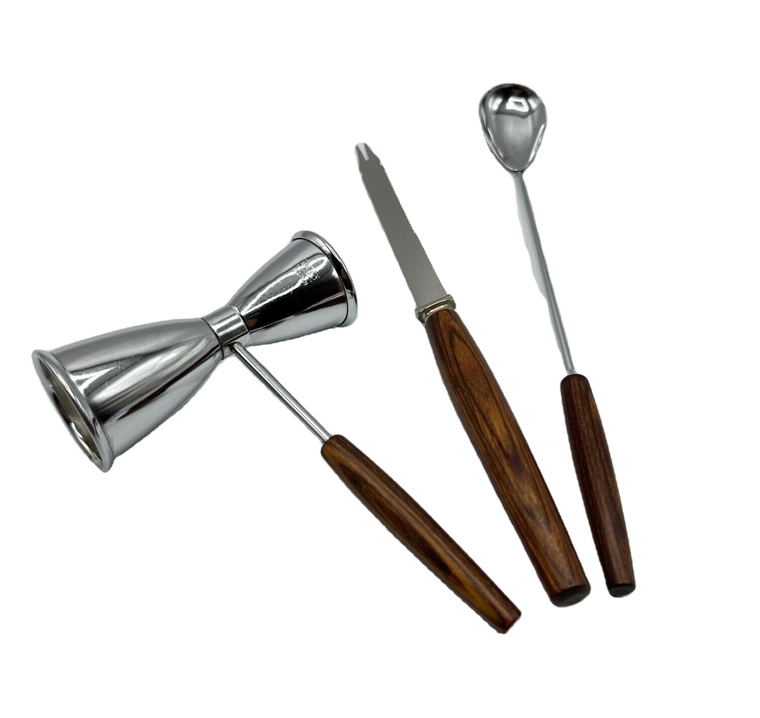 3 Piece Bar-ware Set- Stainless Steel with Wood Handles Double Sided Jigger, Condiment Knife, Cocktail Spoon