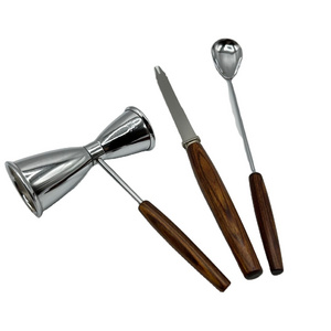 3 Piece Bar-ware Set- Stainless Steel with Wood Handles Double Sided Jigger, Condiment Knife, Cocktail Spoon