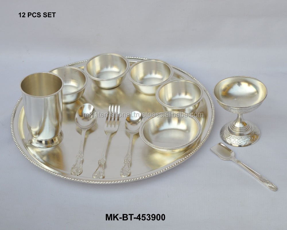 Traditional Brass Bhojan Thal Traditional Indian Dinner Set With Silver Finishing Brass Metal Design Serving Plate