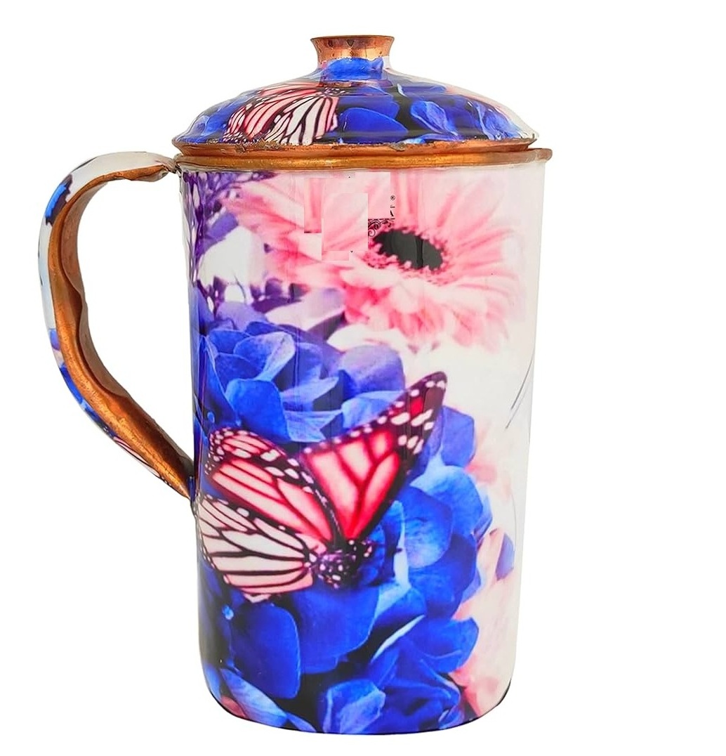 New Enamel Finished Butterfly Design Pure Copper Pitcher For Drinking Purpose In New Style Copper Jug For Home And Kitchen