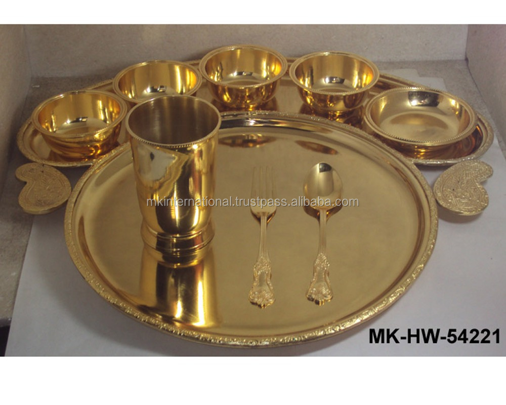 Traditional Brass Bhojan Thal Traditional Indian Dinner Set With Silver Finishing Brass Metal Design Serving Plate