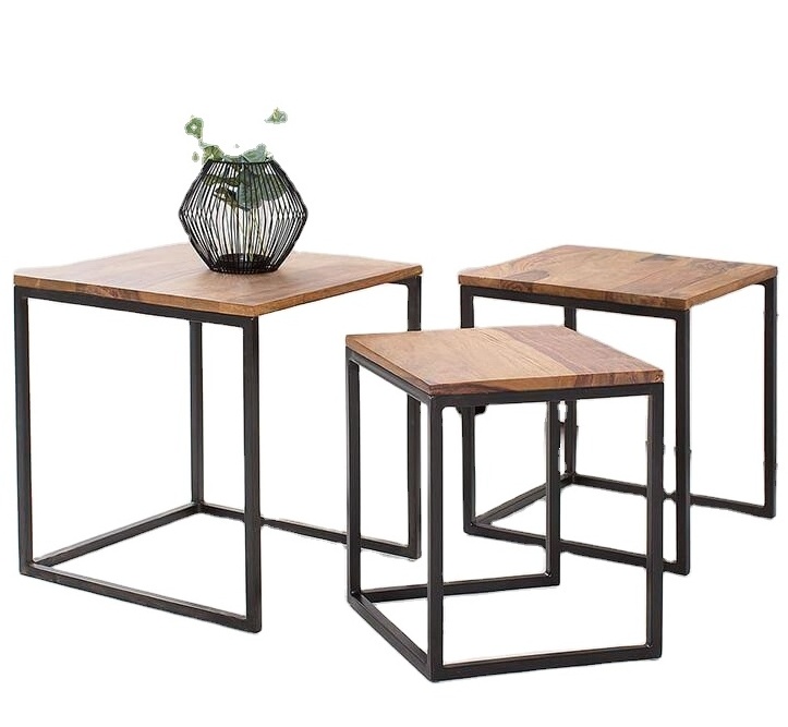 Modern Luxury Nesting Tables Set Three Custom Living Room Sofa Side Table Eco material Wooden Top Metal Base Tables