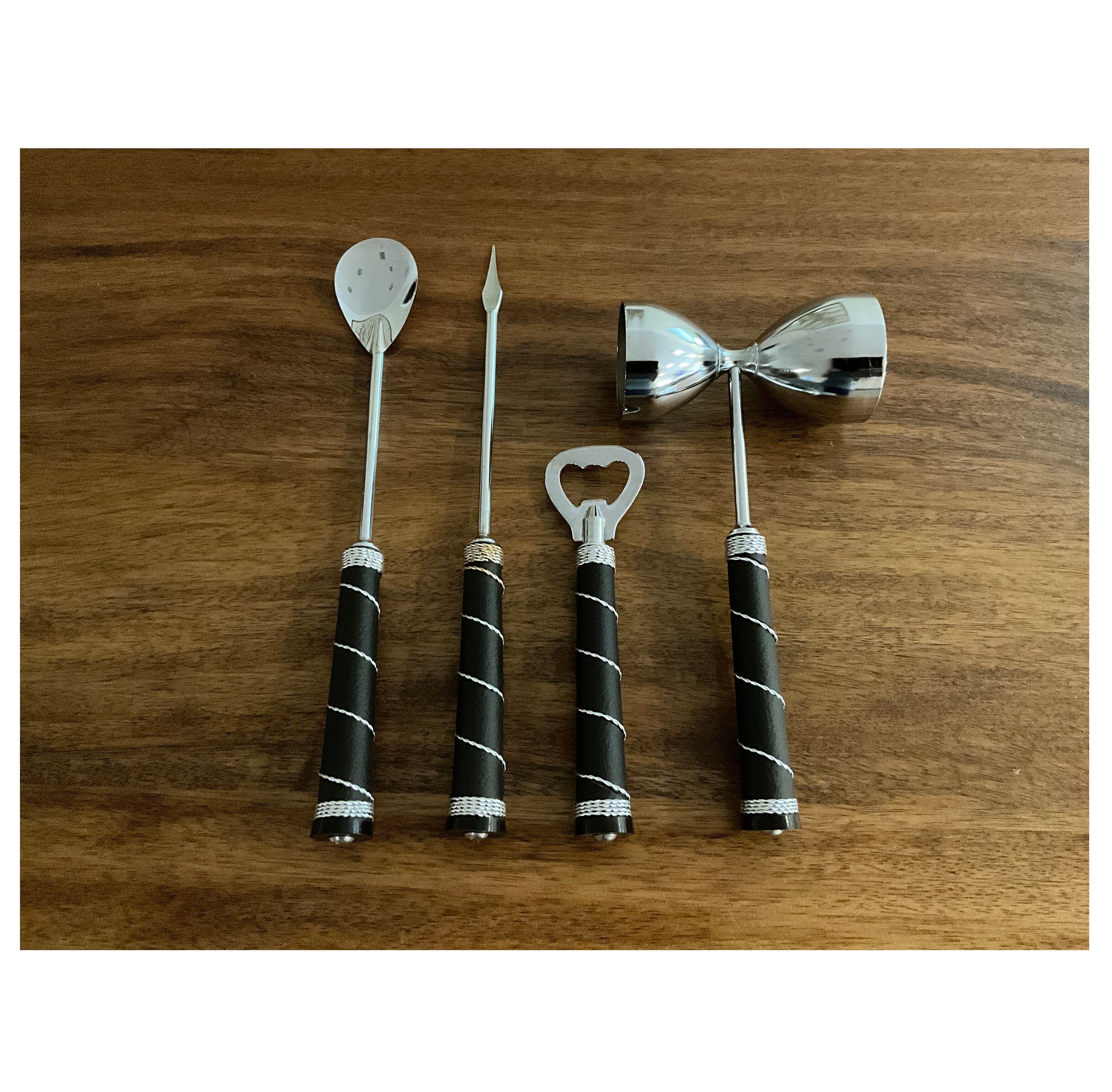 3 Piece Bar-ware Set- Stainless Steel with Wood Handles Double Sided Jigger, Condiment Knife, Cocktail Spoon